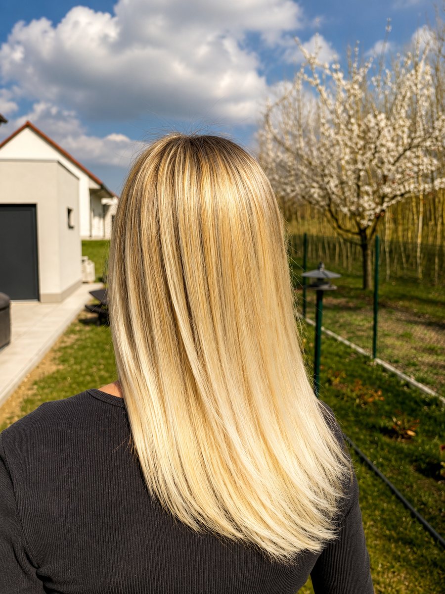 Dlouhé rovné blond vlasy focené v denním světle